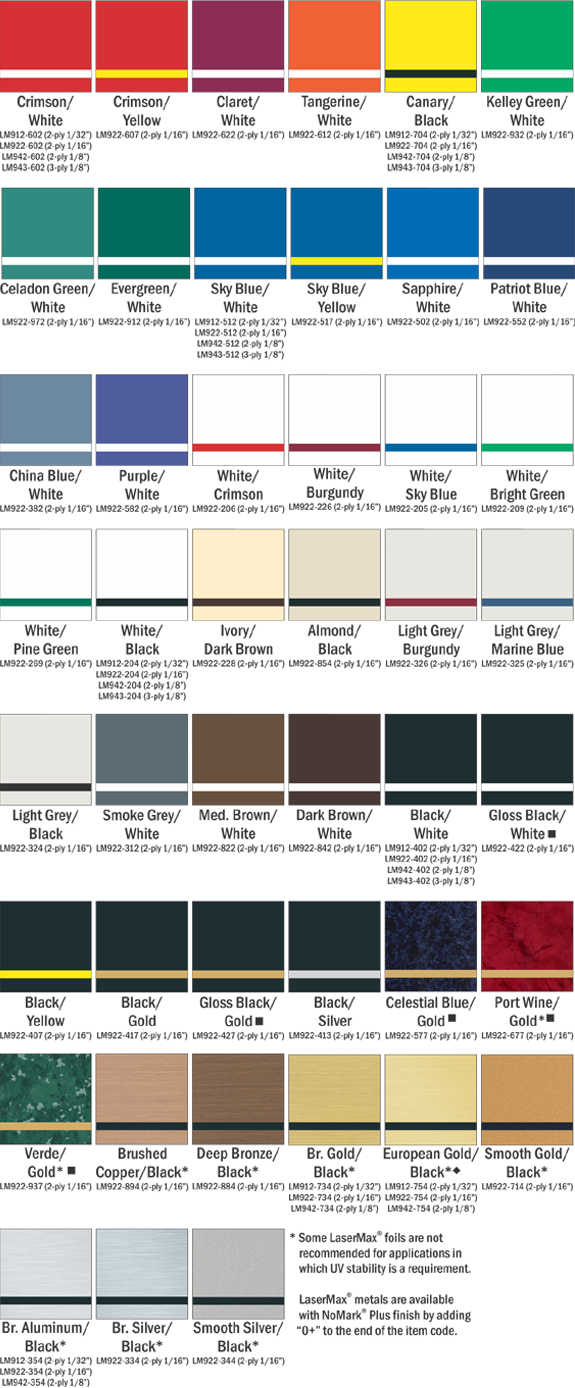 LaserMax Color Chart Choices at Quality Signs & Engraving.