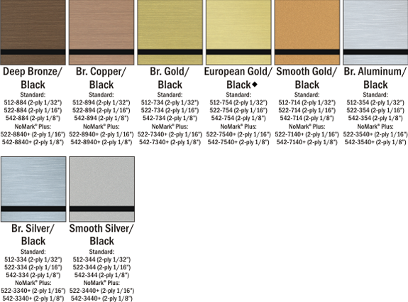 NoMark Plus Color Chart Choices at Quality Signs & Engraving.