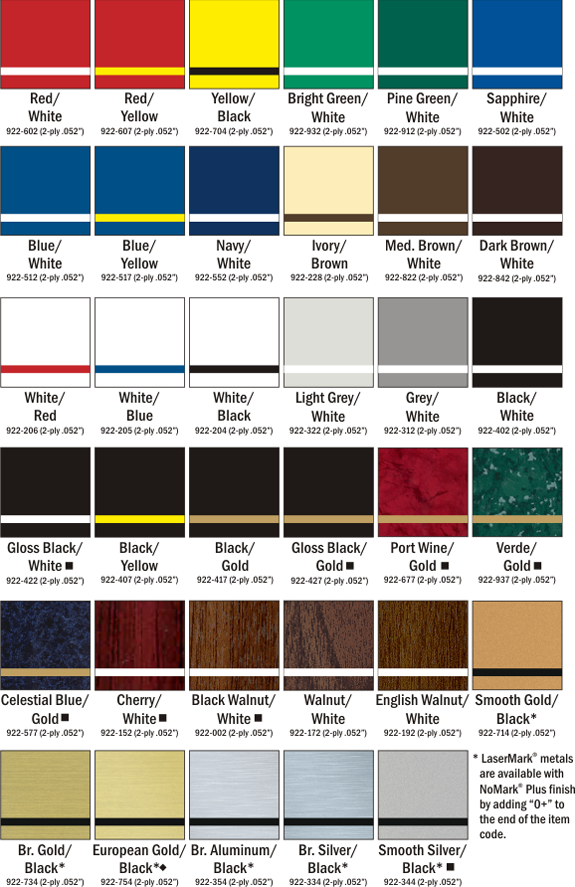 LaserMark Color Chart Choices at Quality Signs & Engraving.