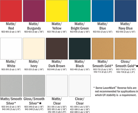 Reverse LaserMark Color Chart Choices at Quality Signs & Engraving.