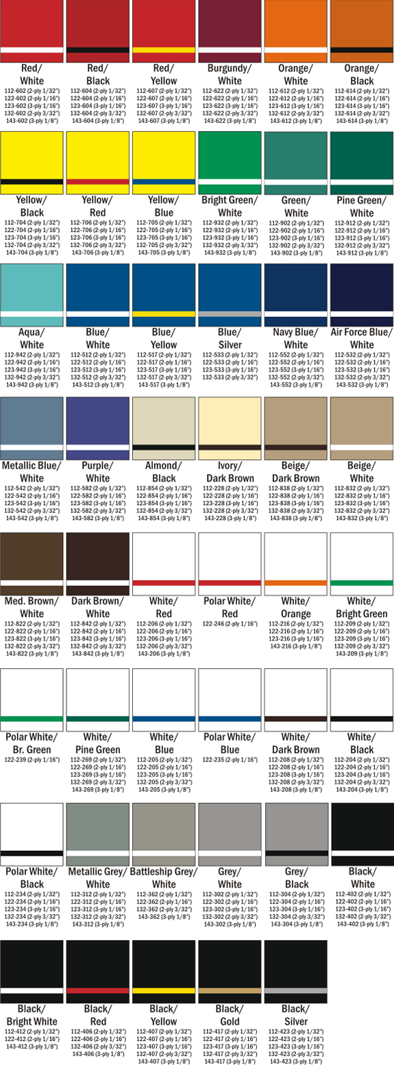 Satins Color Chart Choices at Quality Signs & Engraving.